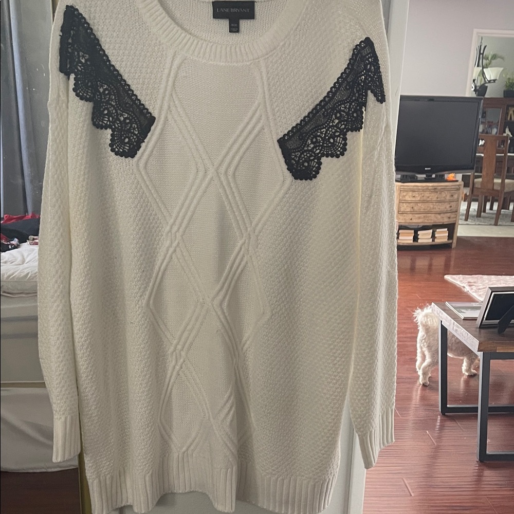Lane Bryant White Sweater with Black Lace Accents